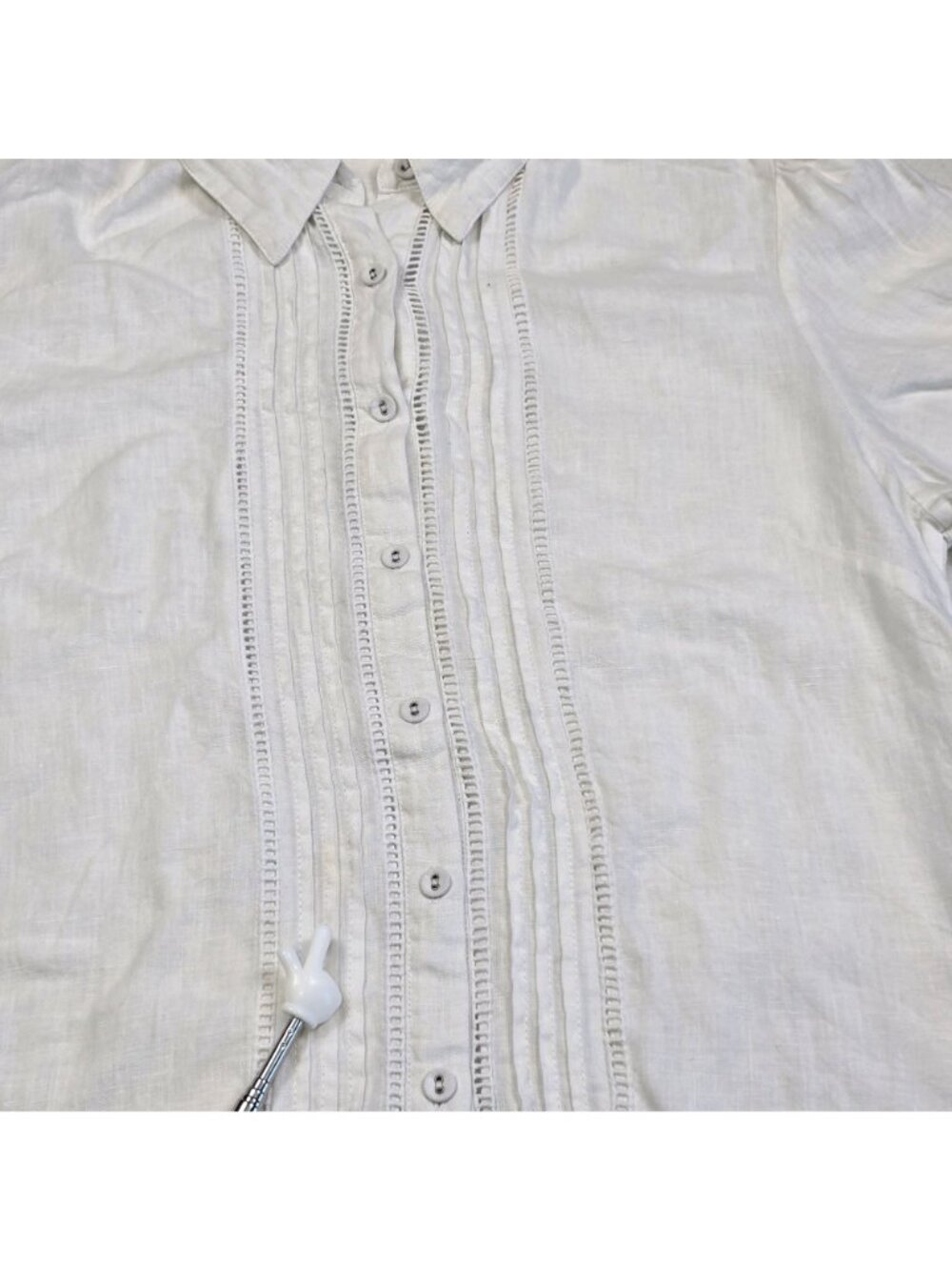 Little Lies Medium White 100% Linen Button-Up Tunic Dress Puff Sleeves Boho - Picture 3 of 6
